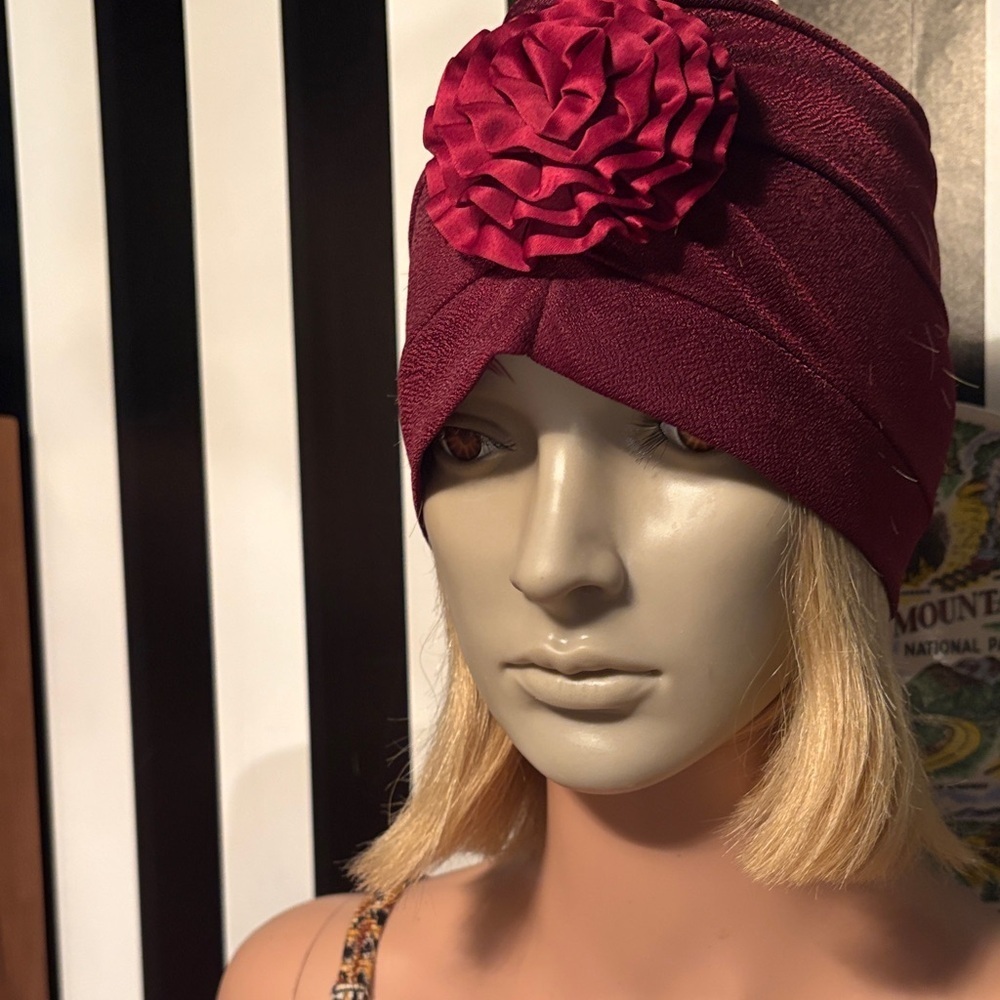Vintage 1970s Burgundy Turban with Floral Accent - Picture 3 of 15